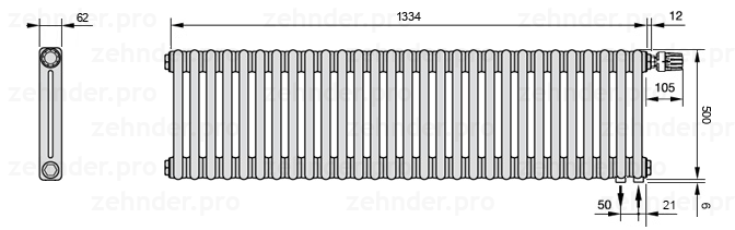 Схема (чертеж) Радиатор Zehnder Charleston 2050/29 №V002 Белый глянцевый RAL 9016
